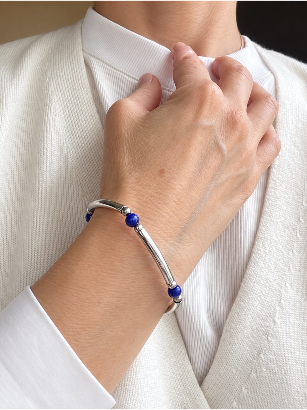 Vintage 925 Sterling Silver Blue Cat Eye Bead Bracelet 7” Tubular